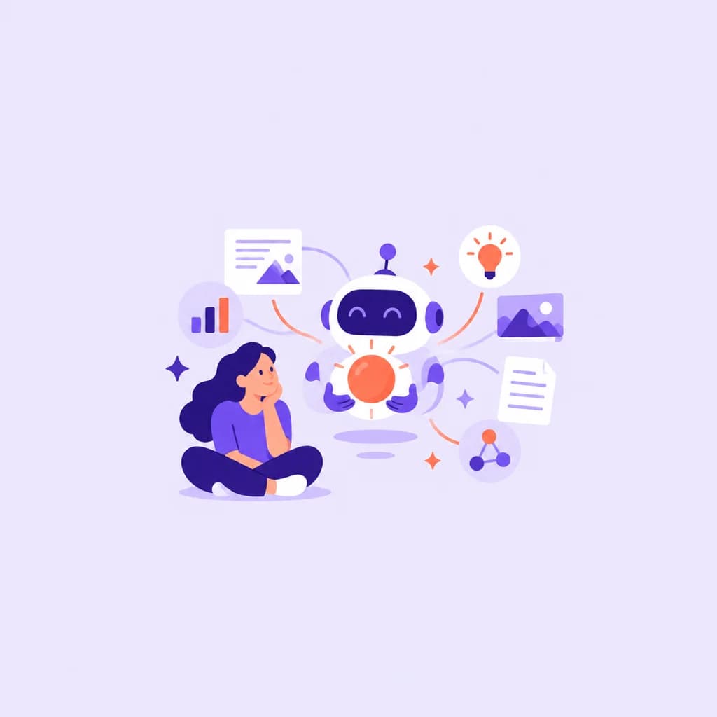 Illustrated woman thinking, surrounded by a lightbulb, documents and a robot helper