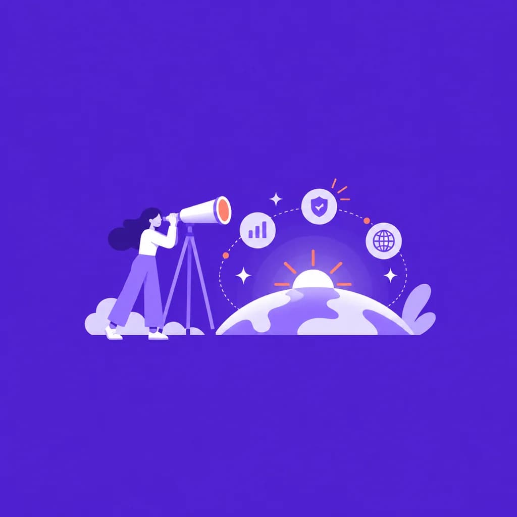 Illustrated woman looking through a telescope toward a globe with analytics icons