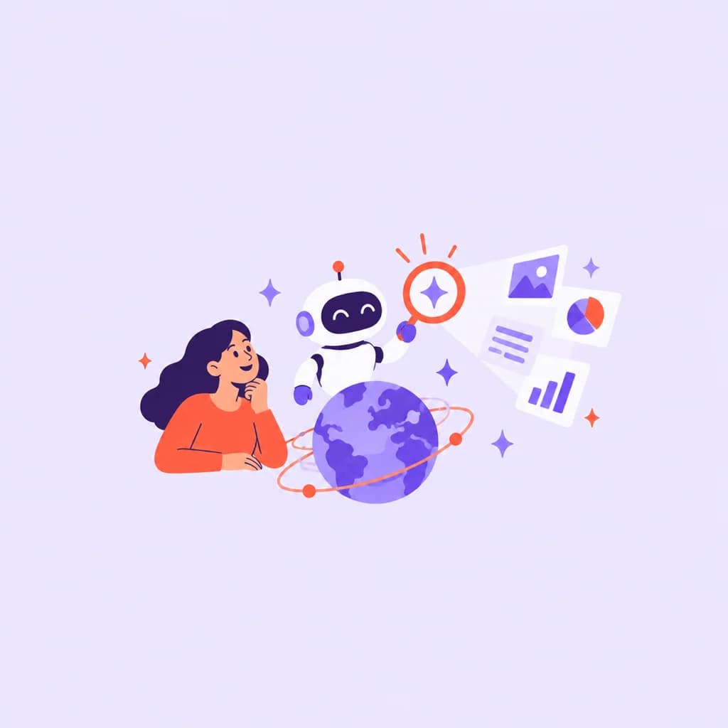 Illustrated woman beside a friendly robot and a globe, with charts and images floating above