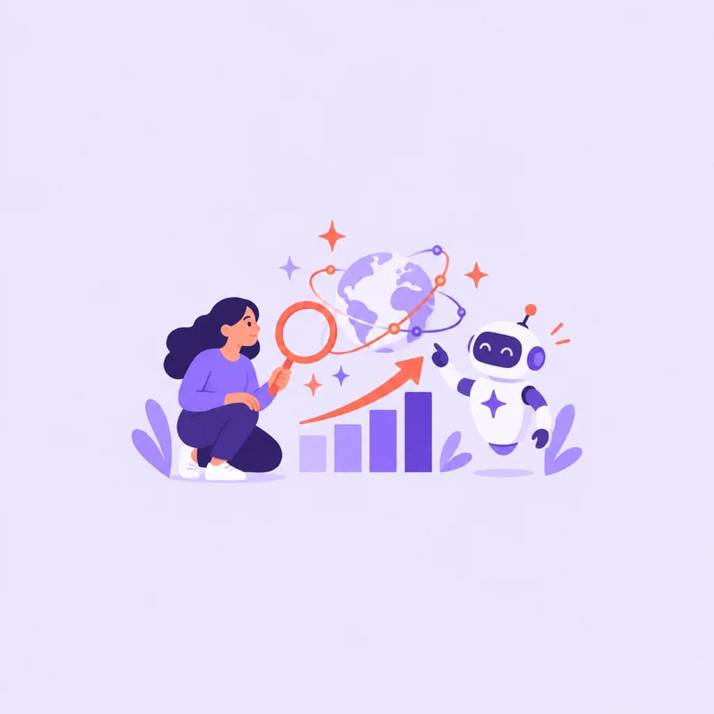 Illustrated woman with a magnifying glass next to a friendly robot and a rising bar chart