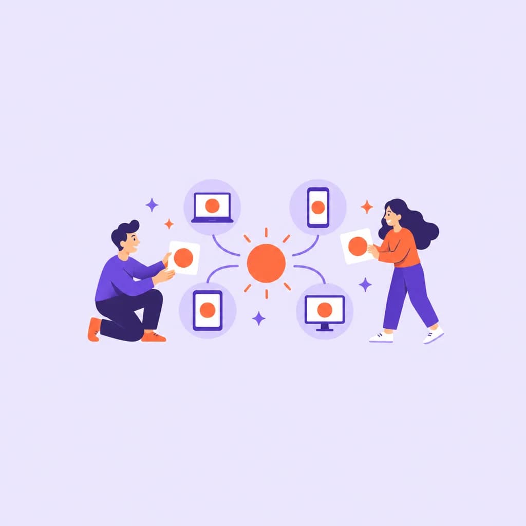Two illustrated people placing matching tiles on laptop, phone, tablet and desktop screens