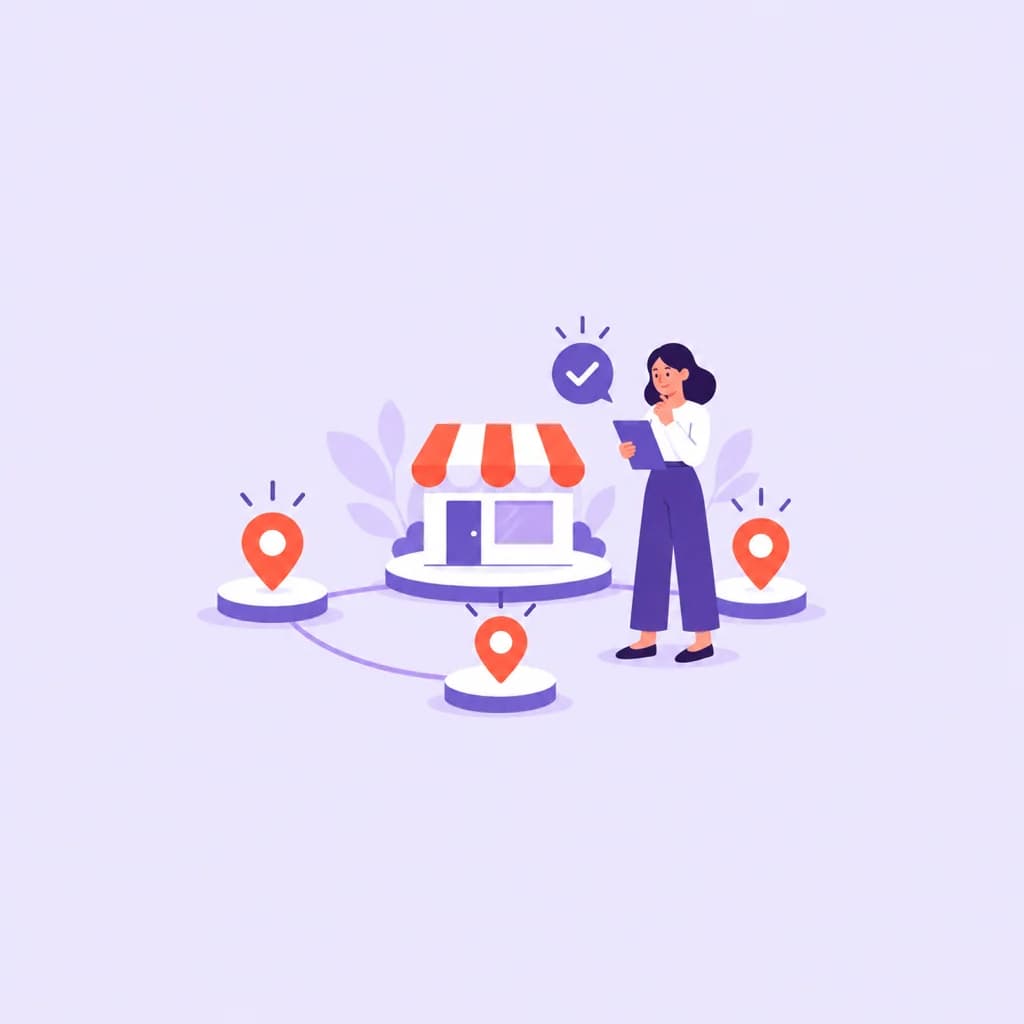 Illustrated shopfront linked to location pins, with a woman confirming the listing with a tick