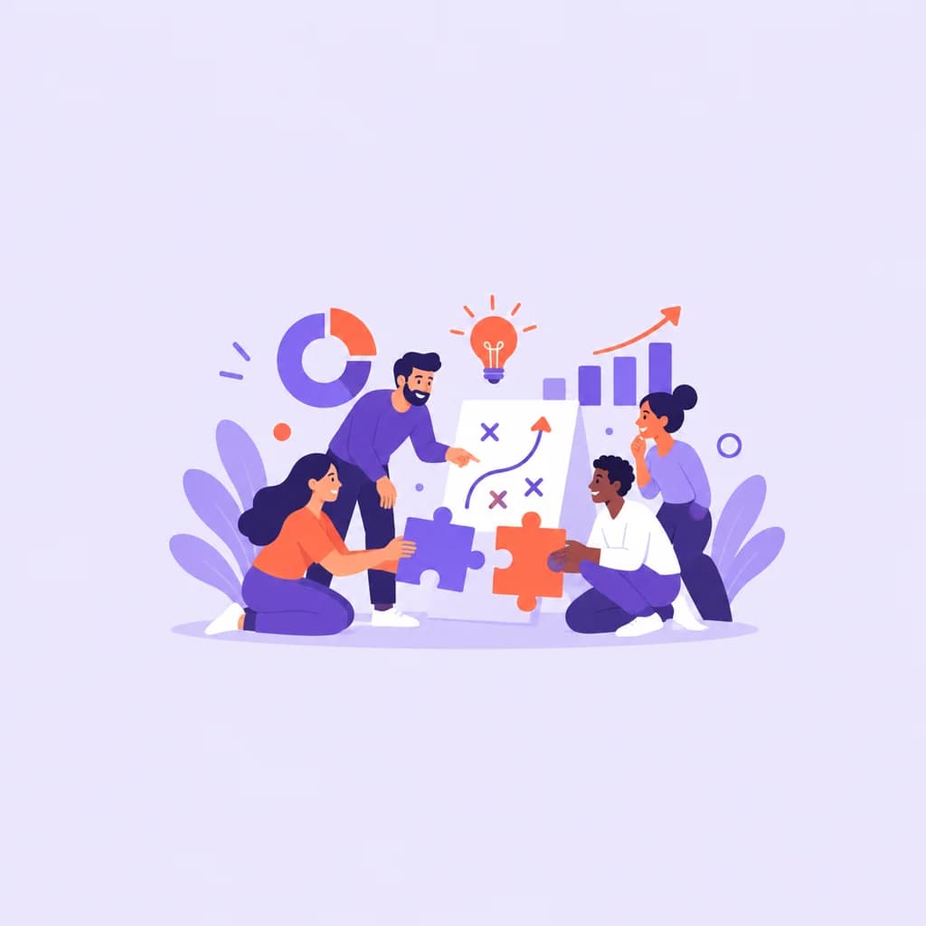 Illustration of a team assembling pages, posts and ads together