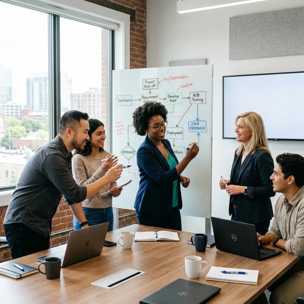 A team mapping out a marketing plan on a whiteboard
