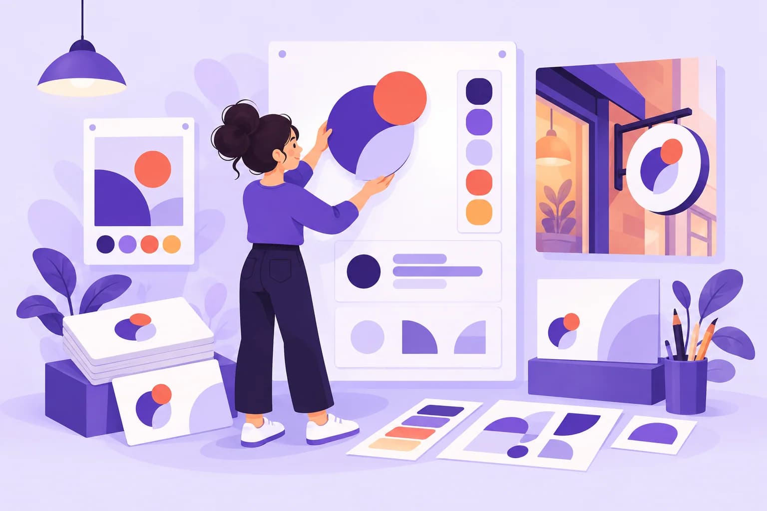 Brand identity board with logo, colour palette and signage