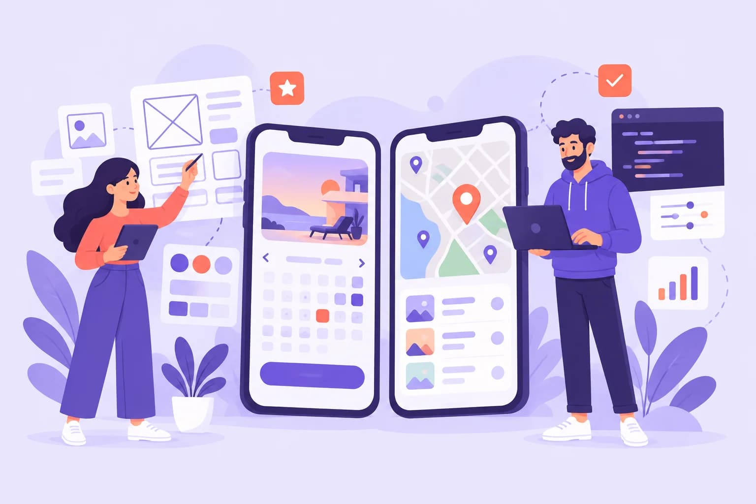 Smartphone app screens with designer and developer