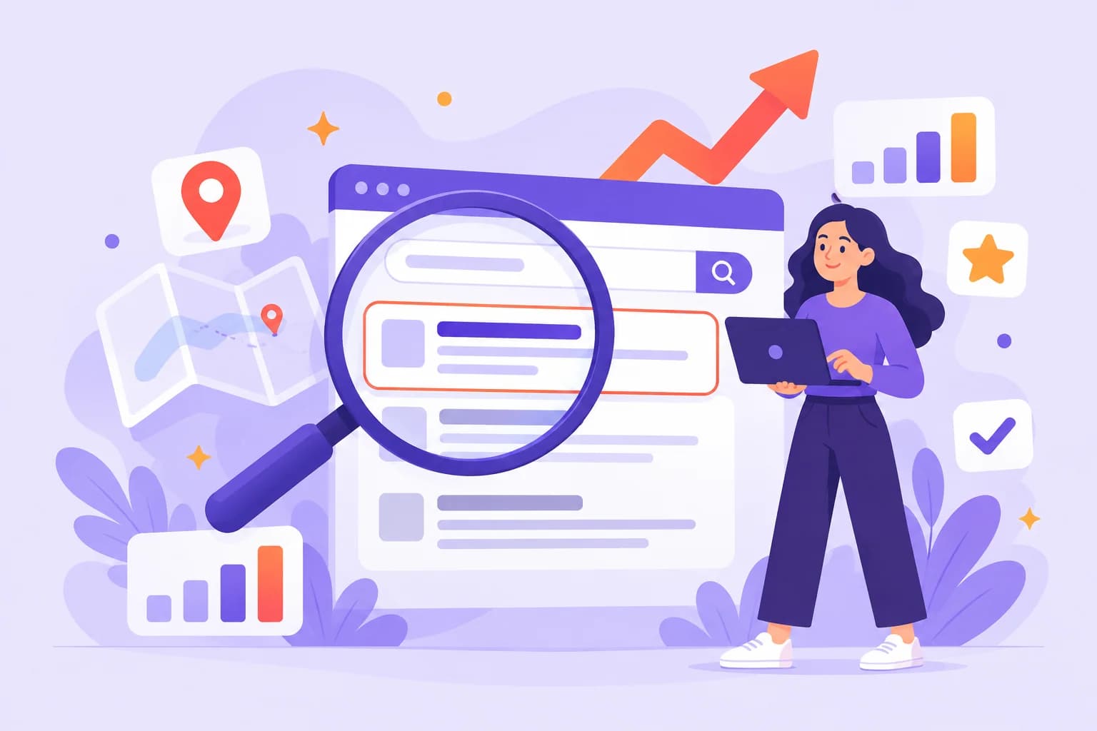 Magnifying glass over search results with growth arrow