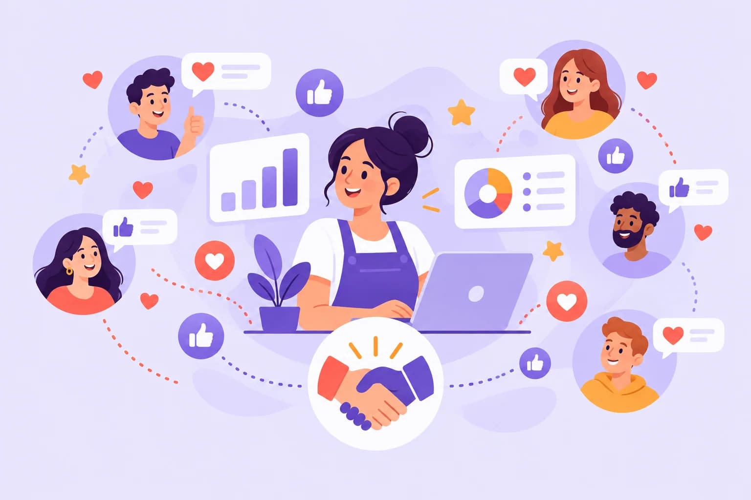 Illustrated woman at a laptop connected to a circle of people reacting with likes and hearts