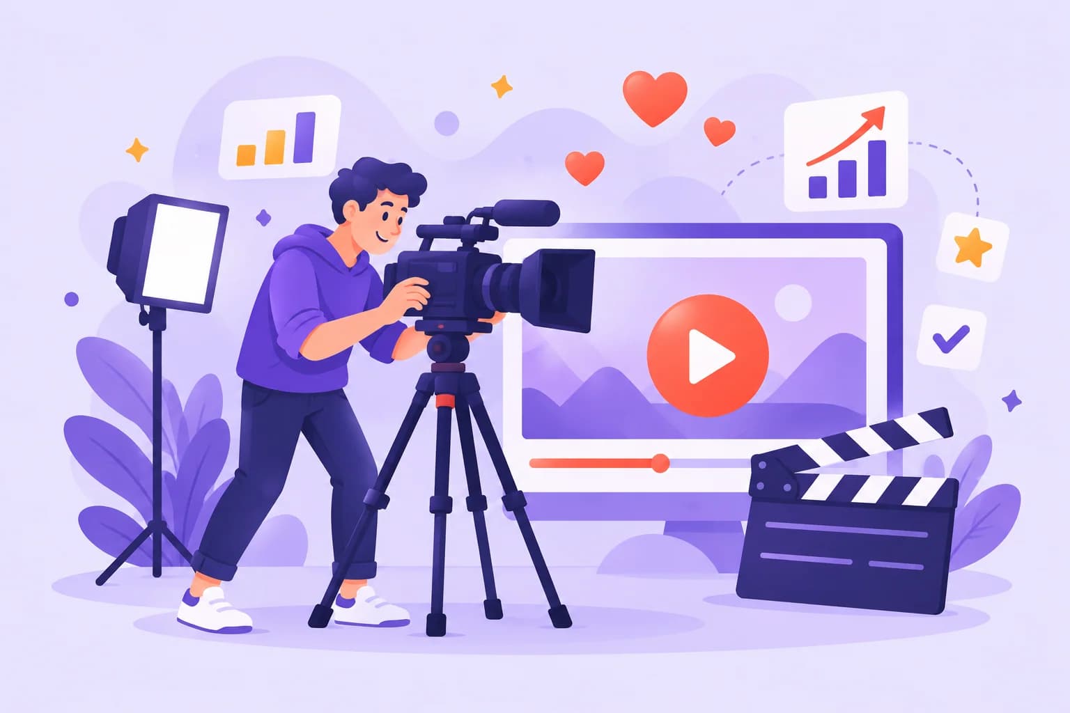 Video camera, clapperboard and play button