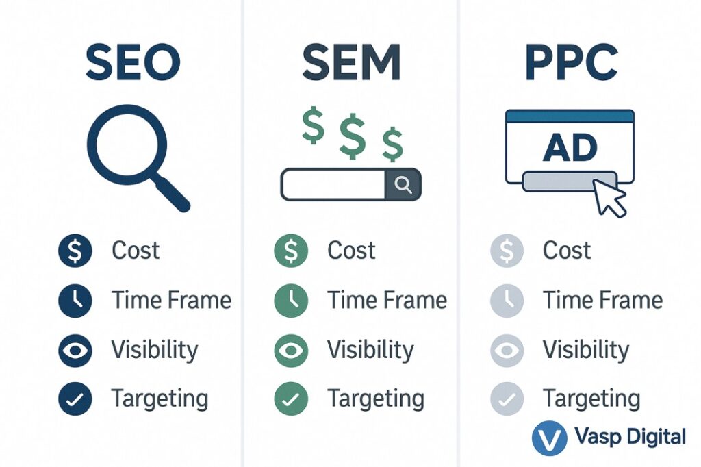 difference between SEO, SEM and PPC